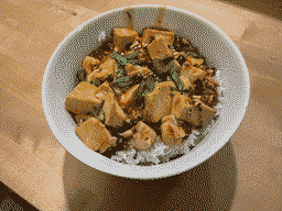 Silky tofu in a spicy Sichuan sauce, served over rice.